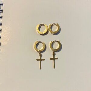 Stainless Steel Gold Tone Hoop Earrings Two Pair